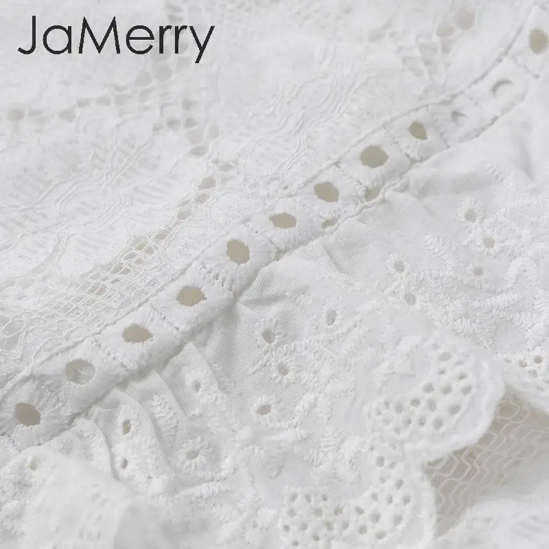 JaMerry, белые кружевные женские топы с вышивкой, топы с оборками и круглым вырезом, женские топы с баской, Летний стиль, уличная одежда, женские топы
