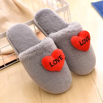 

CuddlyIIPanda Women Autumn Winter Slippers Female Sweet Heart-Shaped Thicker Soft Leisure Flat Plush Love Print Flock Slipper