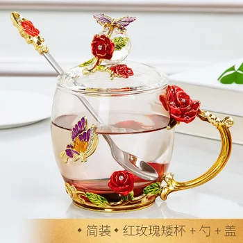 

Flower Glass Tea Mug with Spoon Enamel Rose and Butterfly Clear Glass Coffee Cup 301-400ml Christmas Birthday Gift for Women
