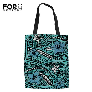 

FORUDESIGNS Female Foldable Shopping Bags Vintage Polynesian Hibiscus Flower Women Linen Tote Bags Ladies Canvas Handbag 2020