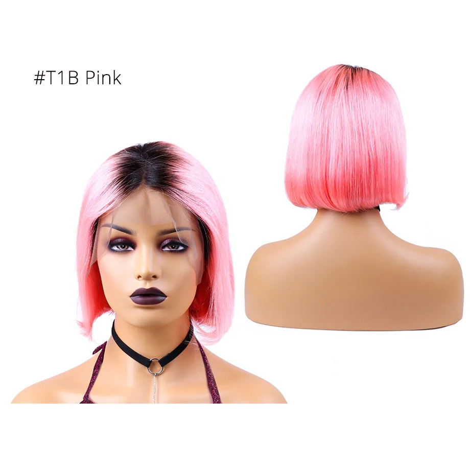 Ombre 13X4 прямой парик короткий Боб кружевные передние парики для женщин предварительно сорванный серый/розовый/зеленый бразильские человеческие волосы парики remy волосы - Цвет волос: T1B Pink