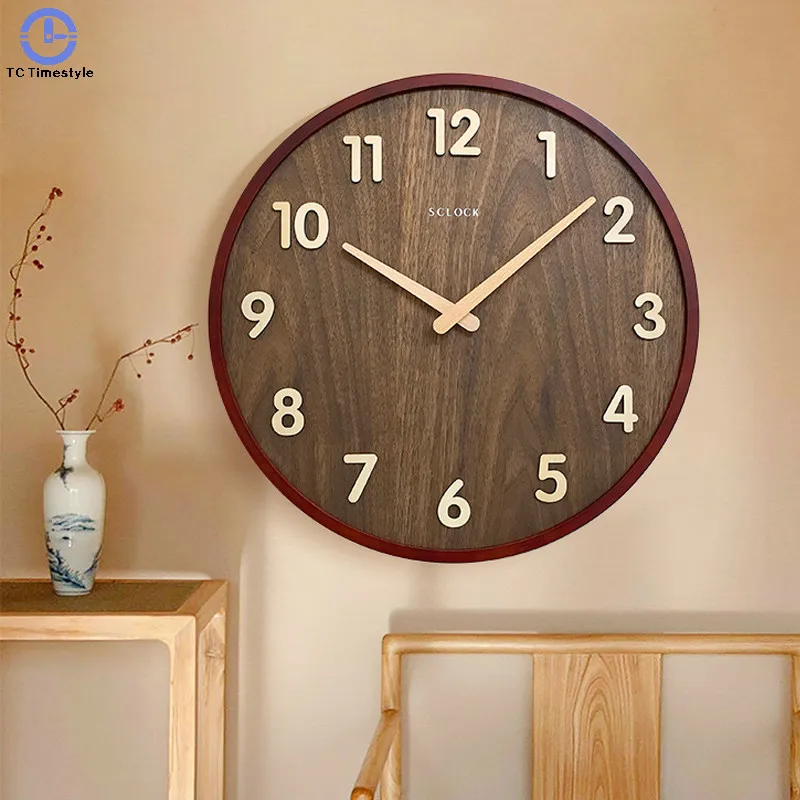 

14 Inches Wall Clock Living Room Mute Simple Wooden Large Decorative Bedroom Modern Quartz Digital Clocks Retro Wathces Round