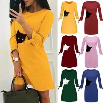 

Oversize Dress Women O-neck Cat Print Bow Elegant Straigth Dress 13 colors Spring Loose Mini Dresses 3/4 Sleeve vestidos 5XL ##3