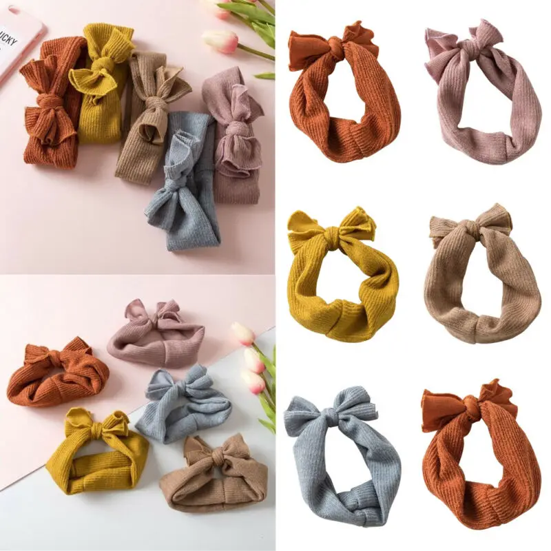 

Free Shipping Accessories Baby Girls Bunny Kid Solid Turban Knot Bow Hair Bands Head Wrap Rabbit Knitted Headband Wholesale Gift