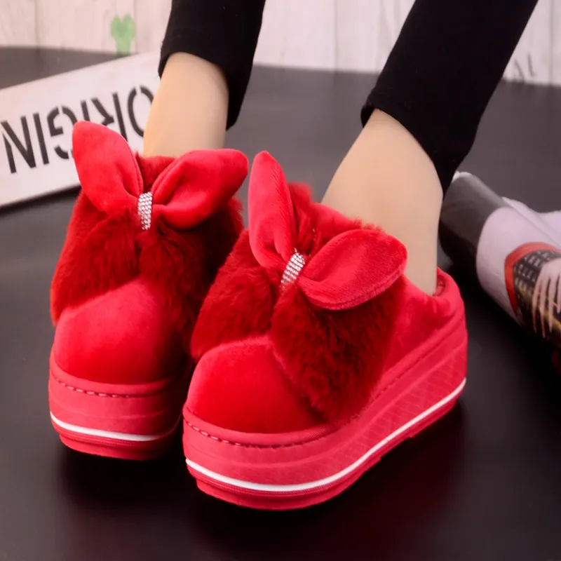 

Winter Slippers Platform Warm Shoes Indoor for Women Bowtie Fashion Design Plush Creeper Moccasins Winter Shoes Women