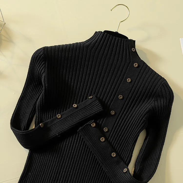Fashion Turtleneck Sweater Women Long Sleeve Button Decoration Slim Women Pullover Sweater 2019 Autumn Winter Female Jumpers (46)