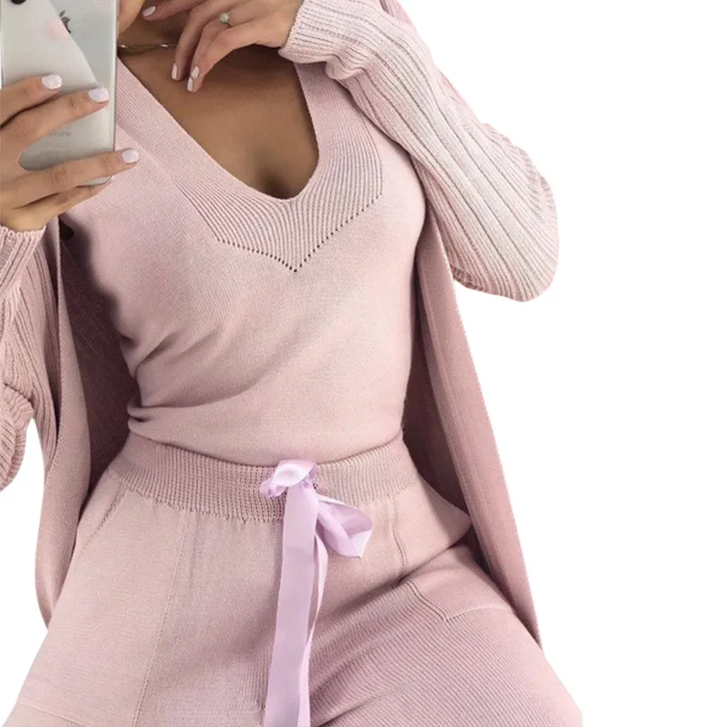 

MVIRLRU Autumn Knitted Suits for Women Solid Long Cardigans and Vest Pullover Tops and Trouser 3 Piece Set