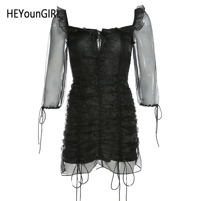 Черный HEYounGIRL с рюшами из прозрачной сетки сексуальное мини платье женский, черный элегантные облегающие Женские платья со шнуровкой короткое платье; лето-осень - Цвет: Черный
