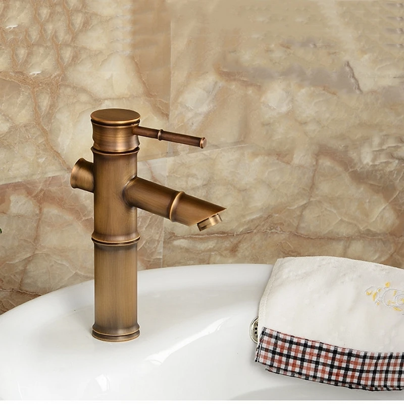 Античный кран для ванной комнаты, латунный Смеситель для раковины, Европейский ретро стиль, высокий бамбуковый кран для раковины, кран для горячей и холодной воды - Цвет: A2 short