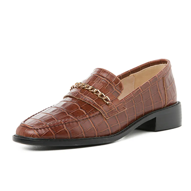 brown loafers Г., весенние женские мокасины из натуральной кожи с тиснением под крокодиловую кожу, слипоны на плоской подошве, женская обувь с золотыми металлическими цепочками, размер 43, zapatos - Цвет: brown loafers
