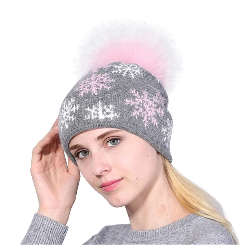 new Thick Wool Pom Pom Winter Hat Female Hat Leather Natural Fur Fashion Warm Knit Women Winter Beanie Bean Hat 30H