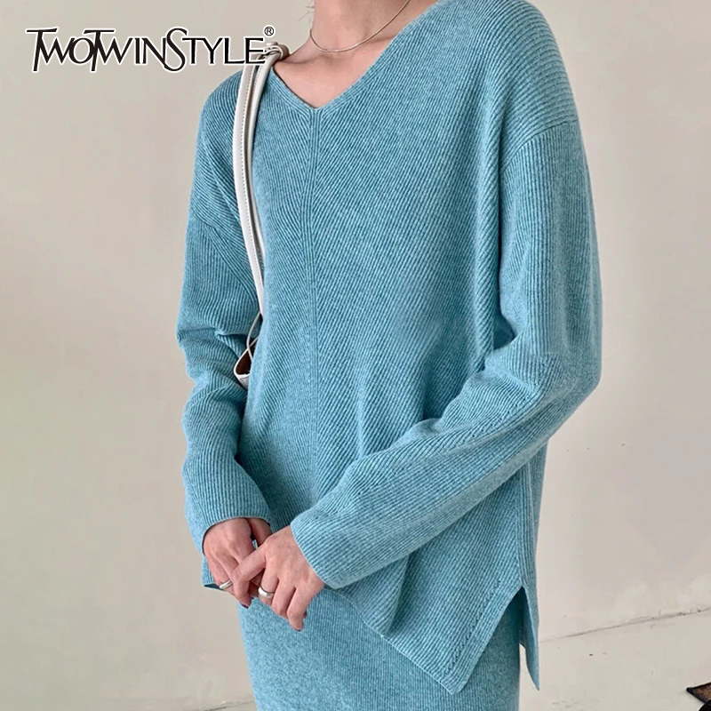 

TWOTWINSTYLE Elegant Knitted Side Split Women's Sweater V Neck Long Sleeve Oversized Female Pullovers 2019 Autumn Fashion New
