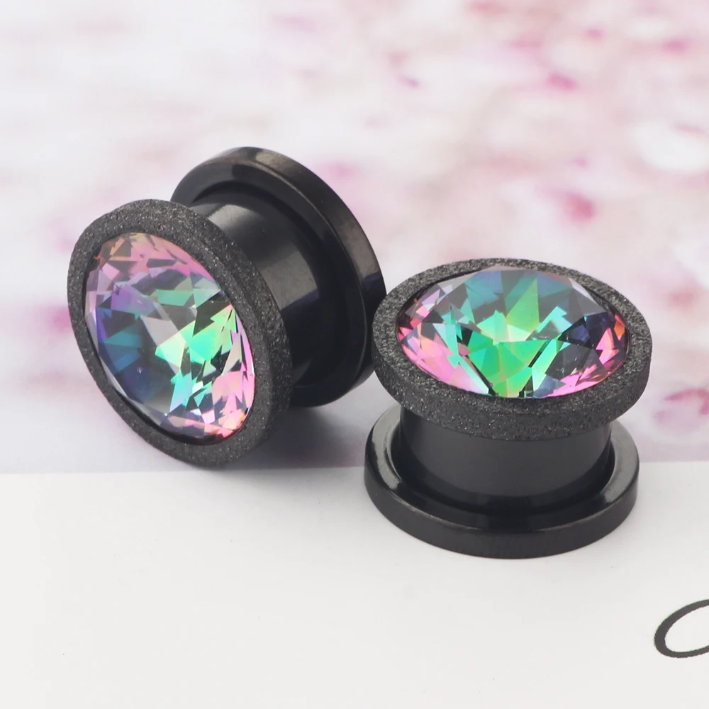 Steel Dark Light Crystal Zircon Ear Tunnel Plugs Vintage Lace Single Flared Ear Flesh Gauges Expander Body Piercing Jewelry
