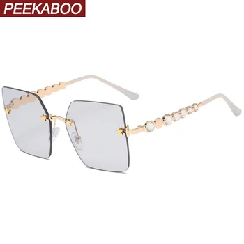 

Peekaboo green square woman sunglasses rimless rhinestones decoration ladies sun glasses fashion frameless gold metal 2021 uv400