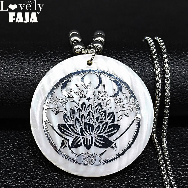 

2020 Moon Lotus Flower Shell Stainless Steel Chain Necklace Women Silver Color Big Long Necklace Jewelry collares largos N20071