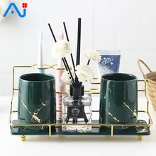 

Iron Bracket Marbling Mouthwash Set Antibacterial Ceramic Toothbrush Cup Lotion Bottle Soap Tray Household Washing Set