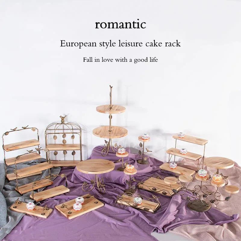 

New Elegant Wooden Dim Sum Rack European Style Iron Cake Rack Combination Custom Black Wipe Gold Display Rack Furnishings