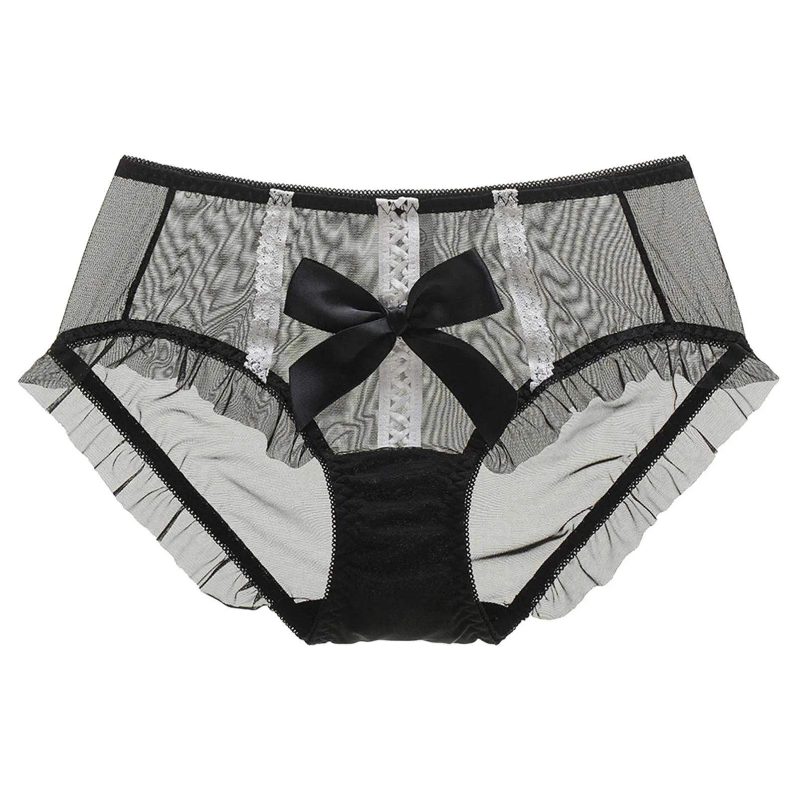 

Womens Sexy Lingerie Underwear Bowknot Front Lace Underpants See-through Mesh Brief Elastic Waistband Mid-Waist Stretchy Panties