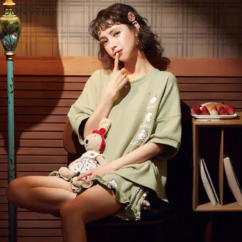 

Pajama Sets Women Summer Cool Sweet Printed Trendy High Elastic Waist Woman Homewear Loose Daily Ulzzang Cotton Preppy Sleepwear