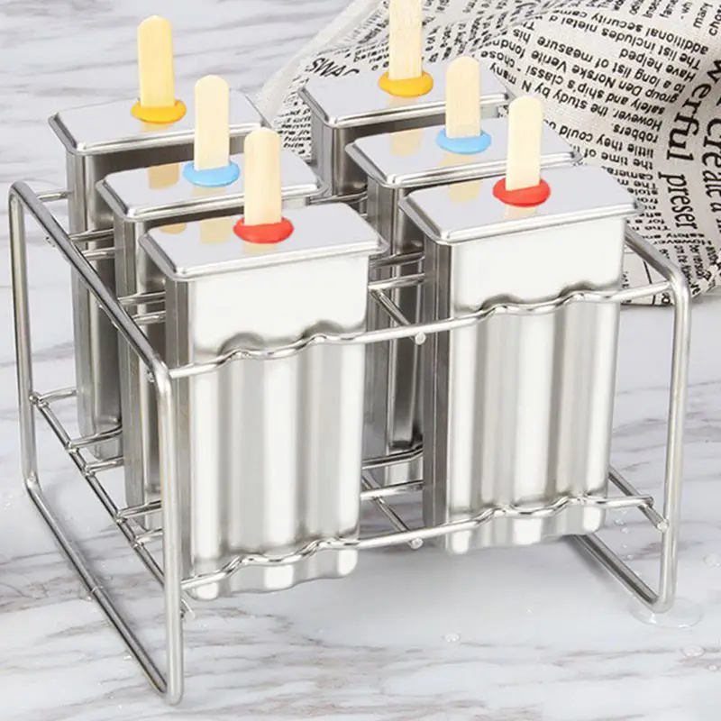 

6Pcs Ice Cream Molds Ice Cubes And Popsicle Maker Mould Tools With Flat Double Groove And Stainless Steel Shelf