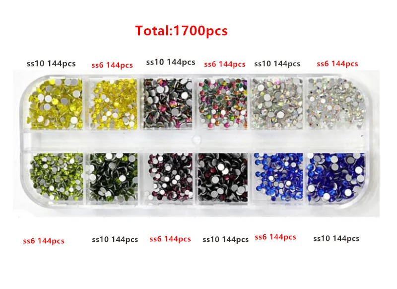 mix 6colors 1440 шт Стразы для ногтей кристалл страз перегородка смешанный размер DIY Маникюр 3D Ногти со стразами искусство украшения из страз - Цвет: mix 6colors