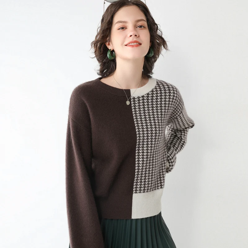 

Winter 100% wool hairy knit cashmere sweater thicker warm knit wool tops female Houndstooth loose round-neck sweater F2187