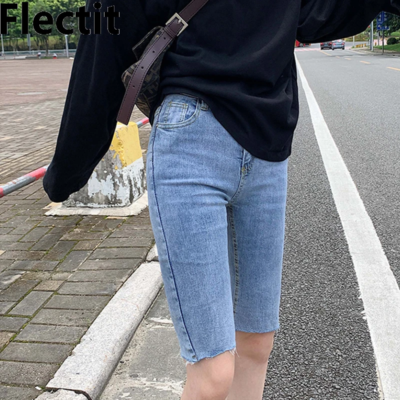 Flectit pantalones cortos de mezclilla mujer, Shorts de cintura hasta la rodilla, ajustados, para ciclismo ropa de informal| Pantalones cortos| - AliExpress