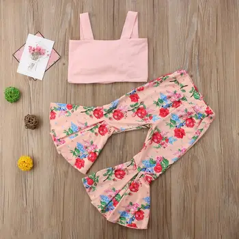 

Baby Girls Summer clothes off shoulder strap solid sleeveless Tops Flower print Pants 2pc cotton casual Toddler newborn Outfits