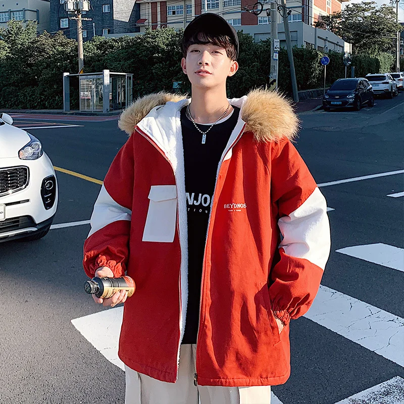 

Winter New Collegiate Style Loose Coat Collar Printed Patchwork Color Contrast Men's Hood Ed Cotton Jacket Homme