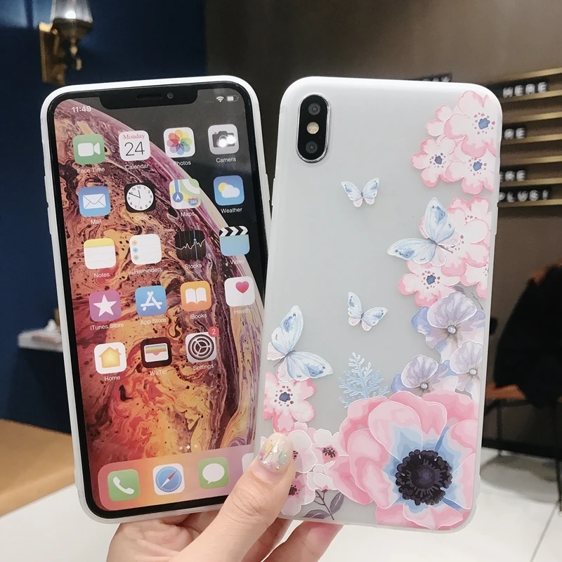 Противоударный Матовый ТПУ чехол для телефона для iPhone 11 Pro XS Max XR X 8 7 6 6s Plus 3D рельефный розовый лист Магнолия цветок мягкая задняя крышка