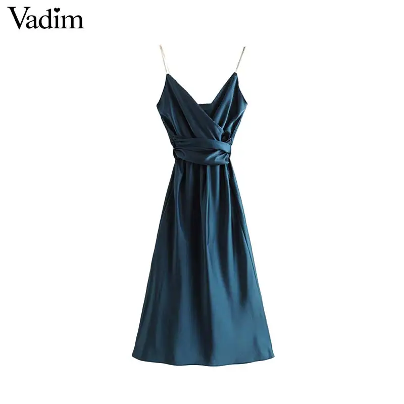 

Vadim women retro solid maxi dress V neck spaghetti straps sexy backless sashes elastic waist dresses vestidos mujer QD017