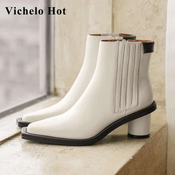 

Vichelo Hot new natural leather pointed toe high heel short boots European style simple solid top quality brand ankle boots L69