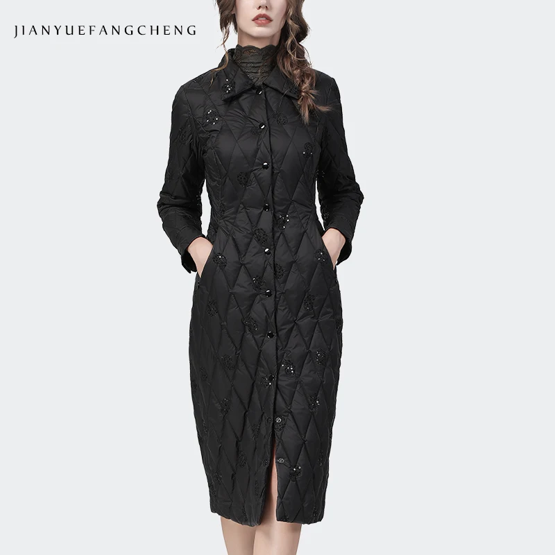 

Vintage Embroidered Winter Down Dress Long Single-breasted Fashion Women Warm Padded Lightweight Casual White Duck Down Dresses