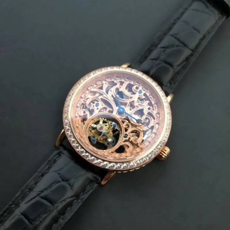 Топ Роскошный Полный Кристалл Алмаз ST8000 Tourbillon часы для женщин Скелет сапфировый циферблат Крокодиловая Кожа Мужские механические часы