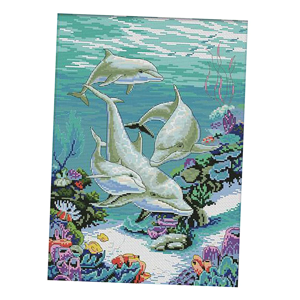 Dolphins 11CT Counted & Stamped Cross Stitch Kit for Adutls Beginners Embroidery Animals Patterns