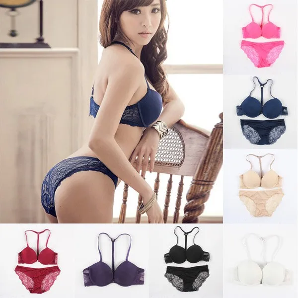 Womens Front Closure Lace Racer Back Racerback Push Up Bras Seamless Bra +Thong lace bra and panty sets