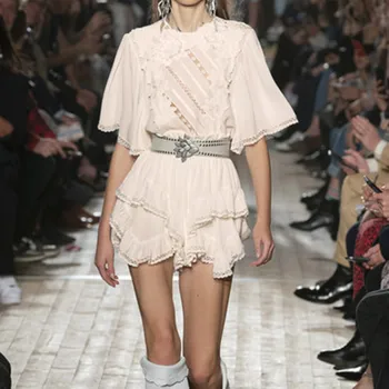 

Runway Dress Women 2020 Brand Designer Short Sleeve Lace Patchork Irregular Dress Casual Loose Ruffles White Dress With Belt