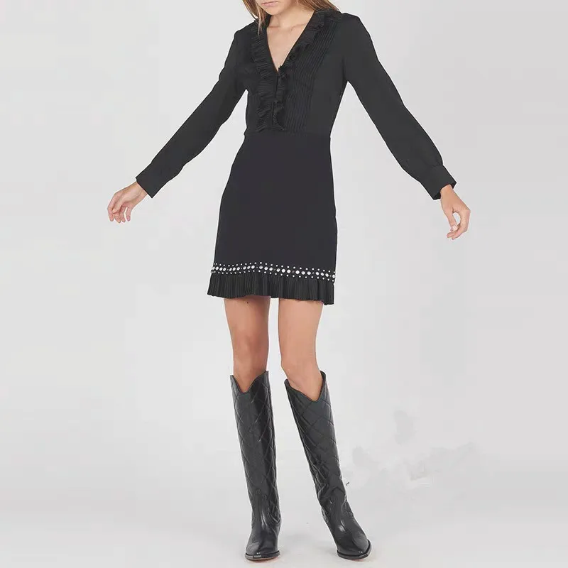 Черный Женское платье осенне-зимняя коллекция Плиссированное ожерелье с v-образным вырезом платье - Цвет: Черный