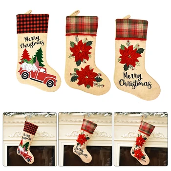 

Christmas Decorative Linen Embroidered Sock Red Christmas Flowers Car Pattern Lucky Christmas Sock Stockings Home Decor