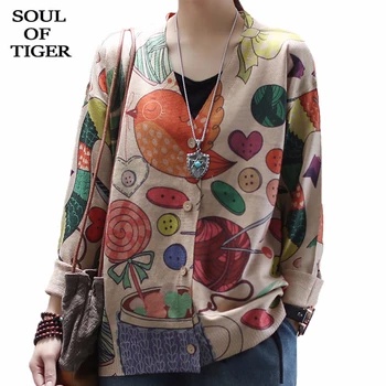 

SOUL OF TIGER 2020 Spring Korean Fashion Style Ladies Loose Cardigans Womens Vintage Printed Sweaters Casual Knitwears Plus Size