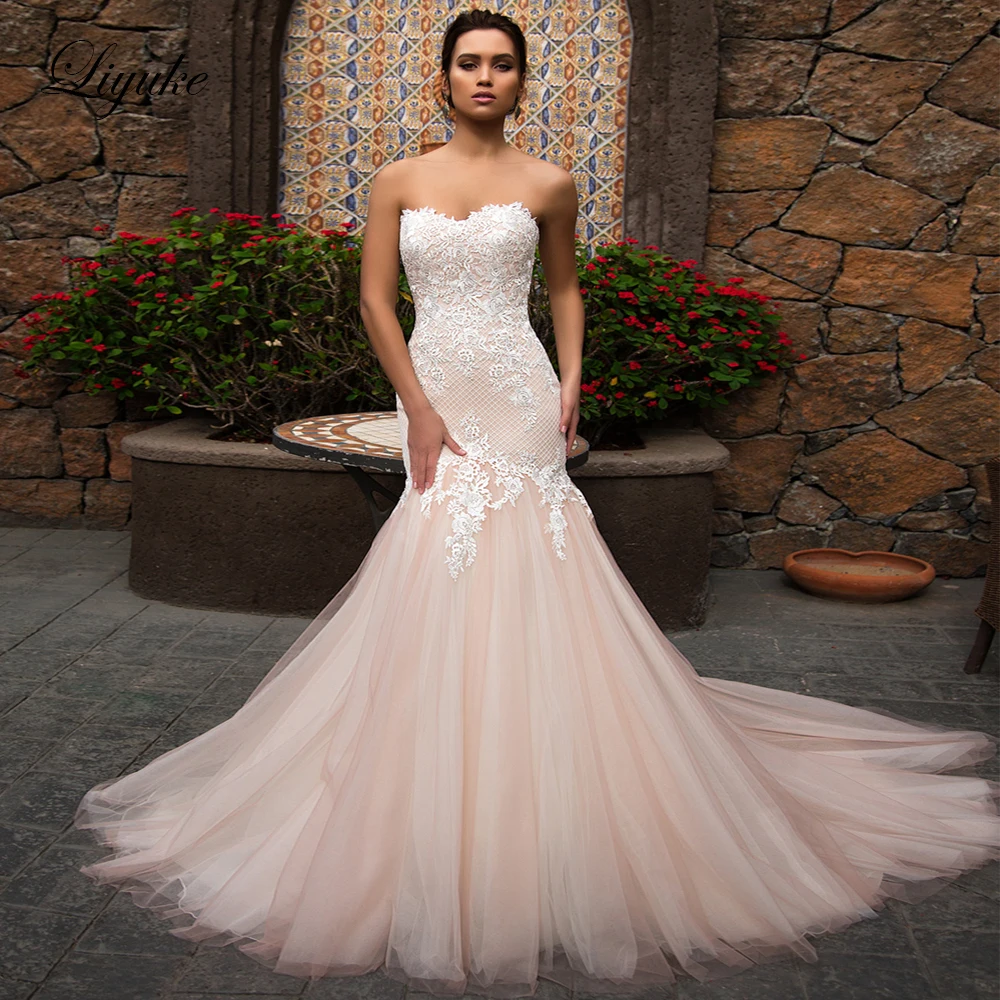 Liyuke розовое свадебное платье без бретелек Русалочки с прекрасный Тюль свадебное платье