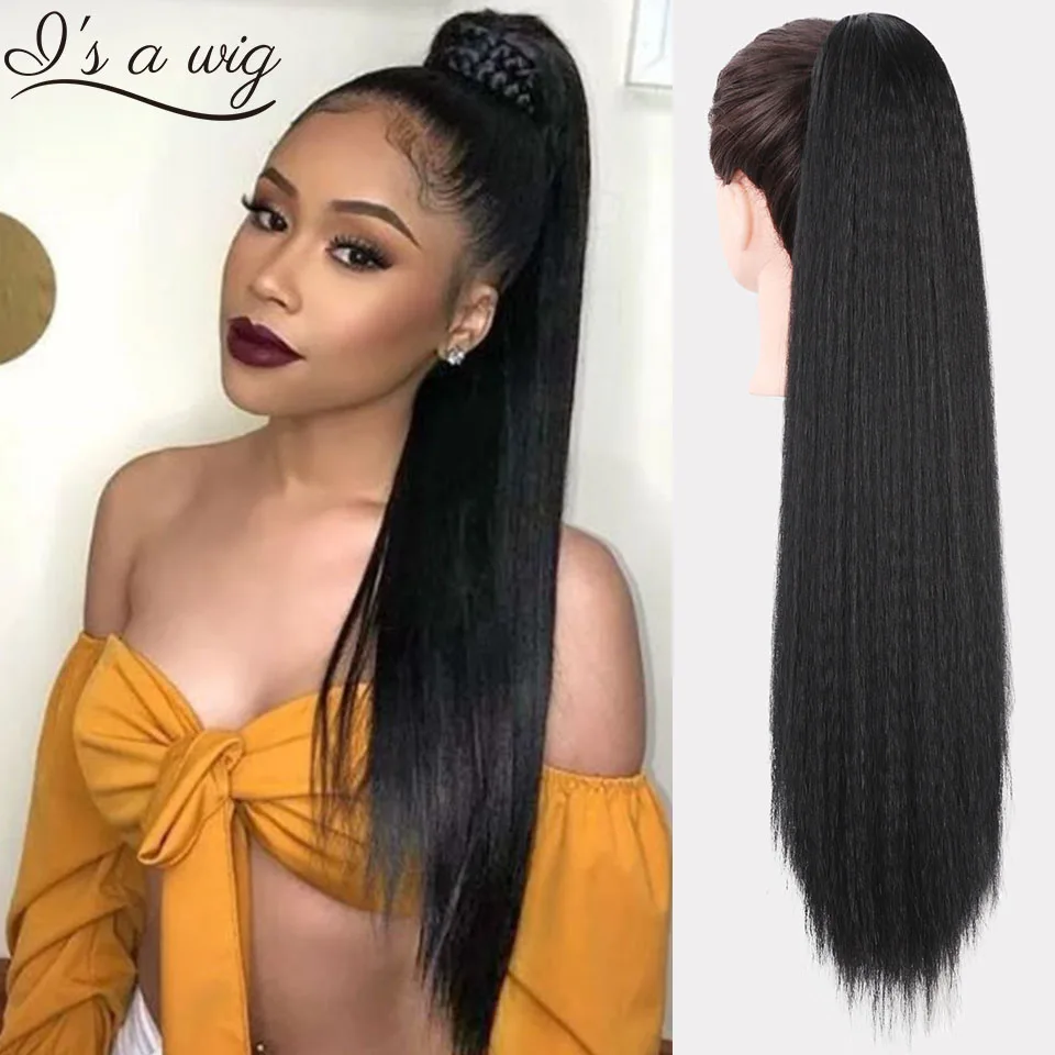 Drawstring Ponytail Hair-Extension Brown Clip-In Long-Yaki Black Synthetic Wig for Women