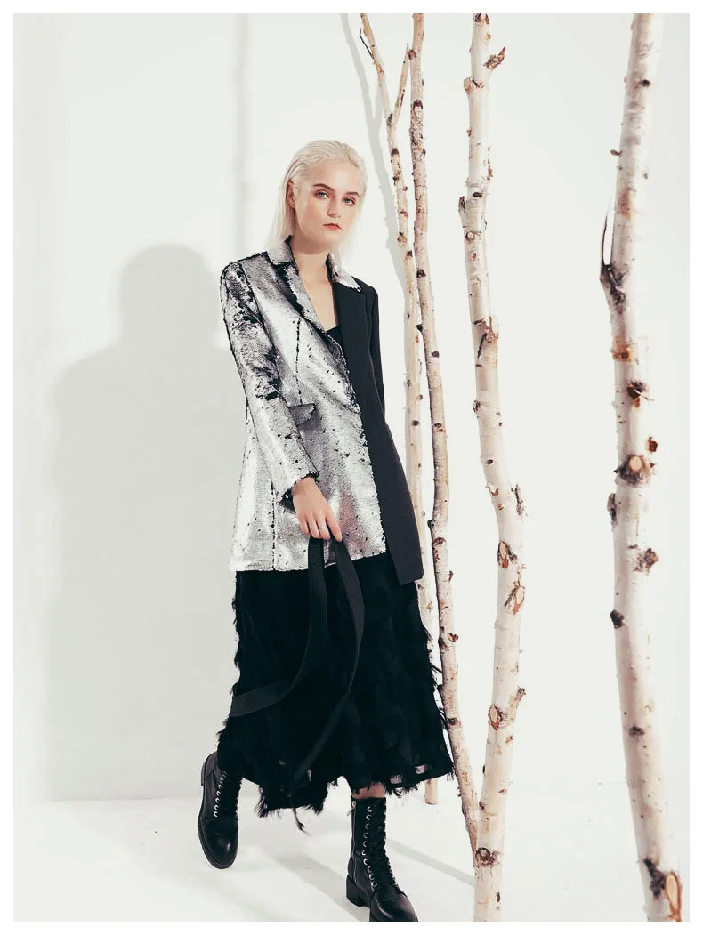 High Street New Style Two-color Sequins Personality Stitching Suit Collar Mid-length Suit Jacket Women  Blazer