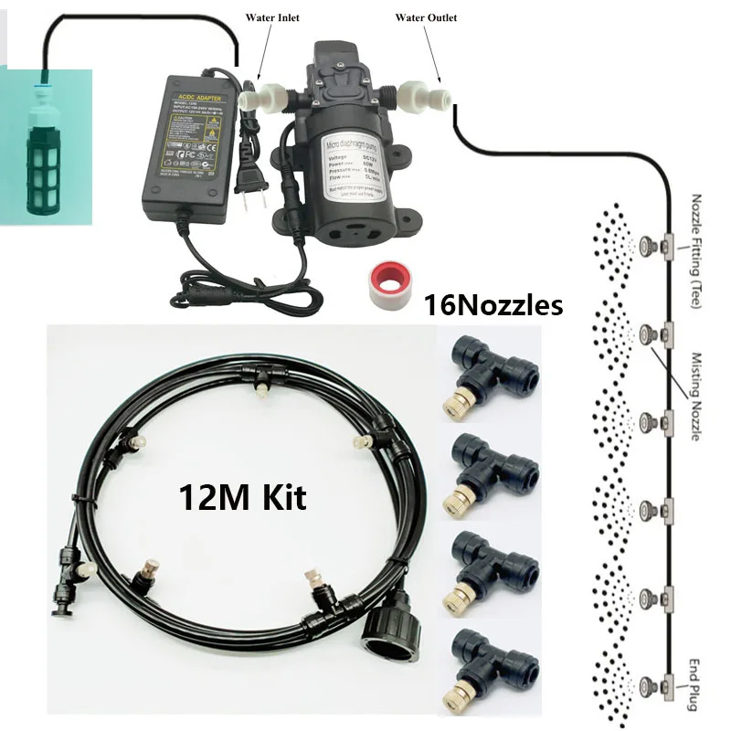 12M Black Kit 6 м~ 18 м садовая система распыления воды спрей с насосом и силовым небулайзером для цветов растительная теплица орошения и запотевания сада - Цвет: 12M Black Kit
