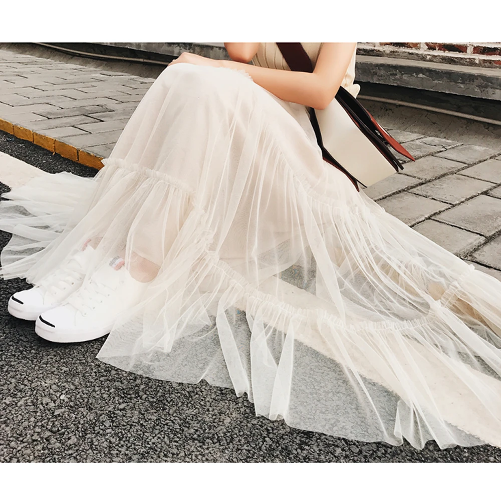 

Fashion Korea Women Ladies High Waist Tulle Mesh Skirt Elastic Layers Pleated Maxi Long