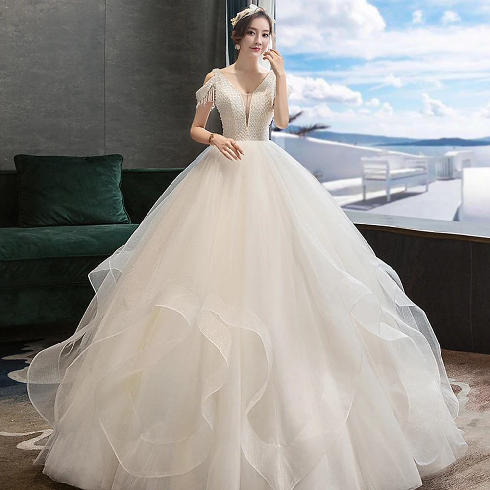 Изготовленный на заказ Белый бальное платье Свадебные платья Robe De Mariee короткий рукав глубокий v-образный вырез кружева Жемчуг платья принцессы Элегантный