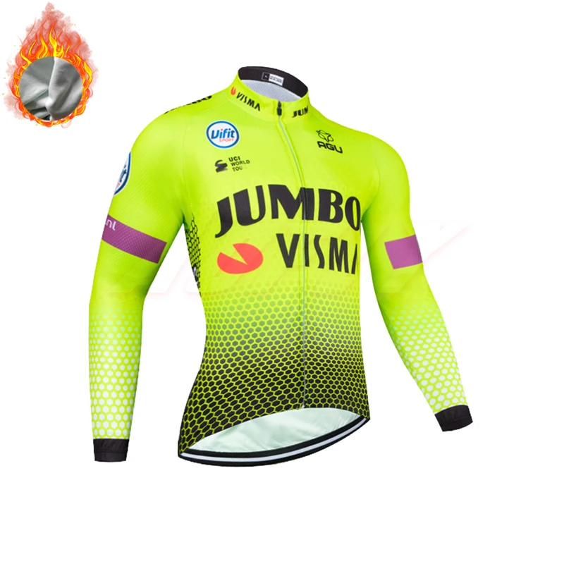 winter jersey Флуоресцентный зеленый JUMBO VISMA мужские и женские велосипедные Джерси Длинные комплекты Зимние флисовые теплые MTB Ropa Ciclismo комбинезон - Цвет: winter jersey