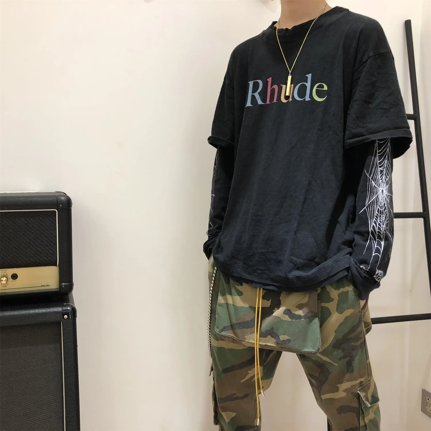 20ss RHUDE fake two pieces футболка высокого качества 1:1 spide web с длинными рукавами уличная хип-хоп RHUDE футболки для мужчин и женщин