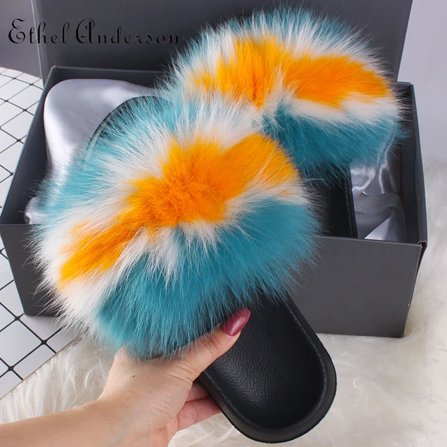 2021 Hot Sale Women Real Fox Fur Slippers Multi-color Summer Fashion Slides Casual Female Furry Shoes As picture