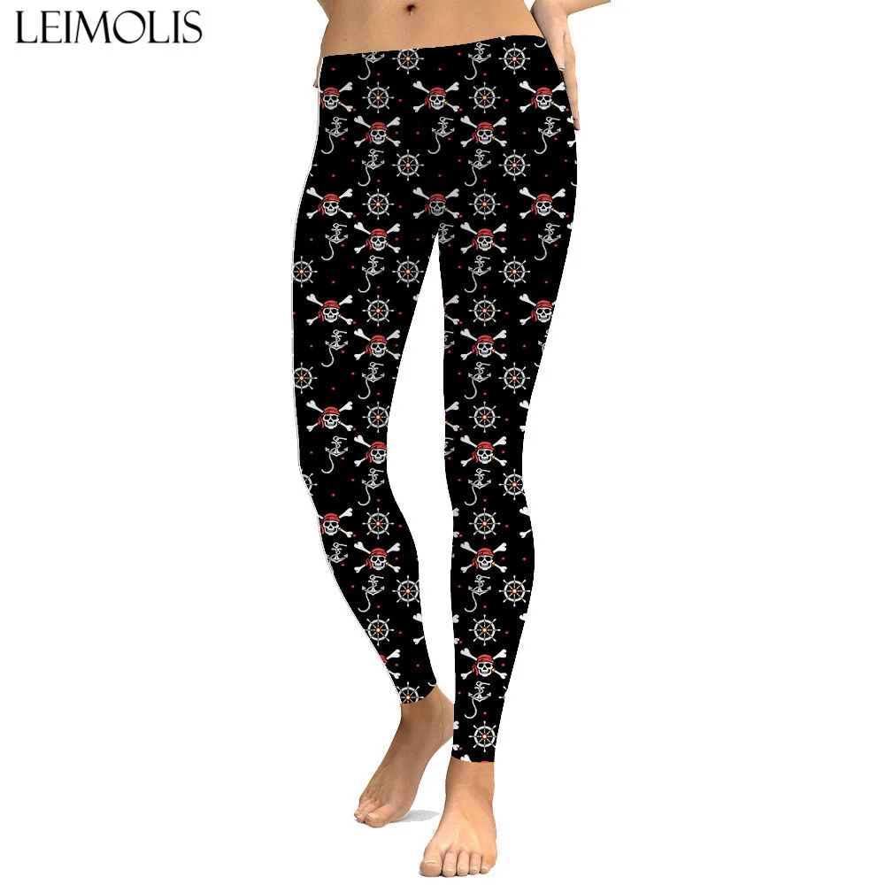 

LEIMOLIS sexy gothic Pirate skull black print push up leggings plus size women fitness workout punk high waist spandex leggins